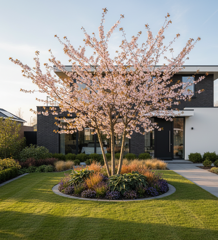 Meerstammig Prunus subhirtella Autumnalis Rosea om voortuin - sfeerbeeld