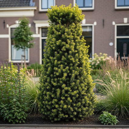 ai sfeerveeld wintergroene zuilvorm taxus david met salie 'salvia' mainacht en lampenpoetsersgras 'pennisetum'
