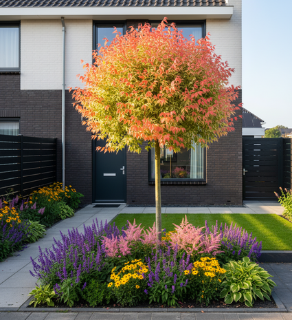 Acer pseudoplatanus 'Brilliantissimum' op stam in kleurrijke border met salie mainacht, bonte hosta, gele zonnehoed en pluimspirea peach blossom.