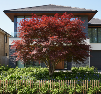 volgroeide acer red emperor in voortuin met vinca major onderbeplanting