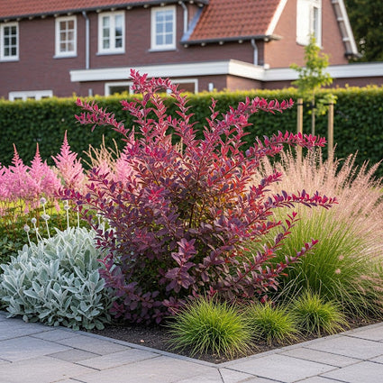 ai sfeerbeeld met zegge carex, astilbe ,lampenpoetsersgras 'pennisetum en stachys big ears