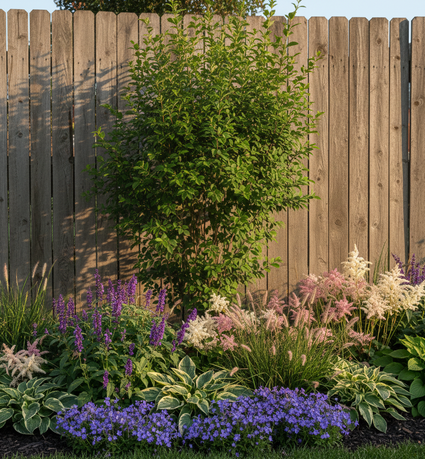 Cornus mas struik in blad met klokjesbloem, salie, hosta, lampenpoetsersgras en astilbe's in border.