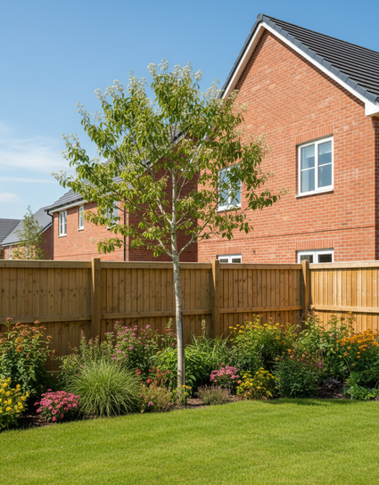 Heptacodium miconioides na enkele jaren als hoogstam boom in beschutte achtertuin met borders.