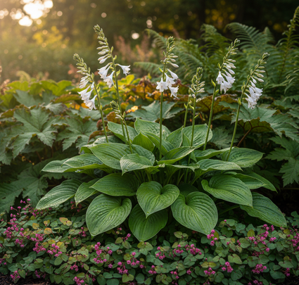 Hosta 'Royal Standard' met elfenbloem rubrum ervoor en Schout-bij-nacht rodgersia er achter