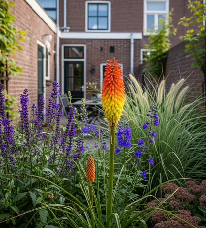ai sfeerbeeld kniphofia royal castle met sedum, lampenpoetsersgras en salie