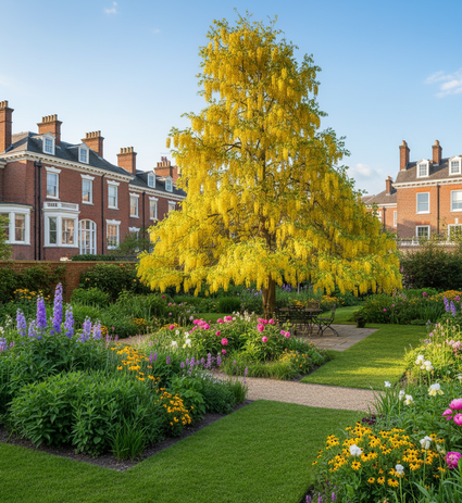 volgroeide en bloeiende laburnum-vossi hoogstam boom
