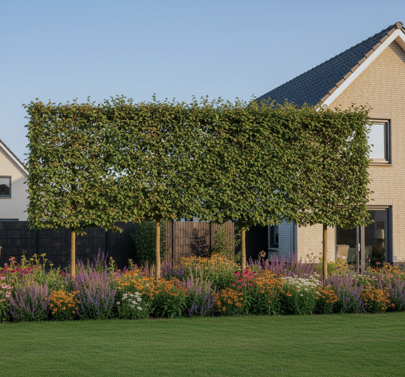 sfeerfoto volgroeide Prunus causica leivorm bomen - wintergroene leibomen sfeerfoto volgroeide Prunus causica leivorm bomen - wintergroene leibomen
