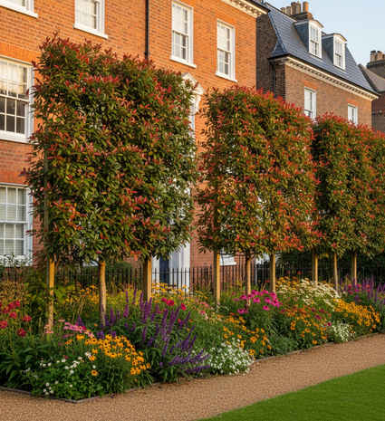 volgroeide leibomen van de photinia glansmispel (hele jaar bladhoudend) in beschutte stadstuin