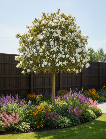 magnolia kobus hoogstam boom na enkele groeijaren in beschutte tuin