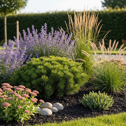 ai sfeerbeeld pinus mugo humpy met sedum, siergras en lavendel.