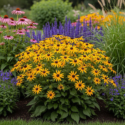 rudbeckia fulgia goldsturm combinatie met geranium, salie, zonnehoed en lampenpoetsersgras