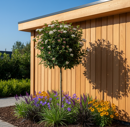 viburnum tinus boompje op stam met Zegge carex irish green, Zwart gras ophiopogon, Gele zonnehoed en Salie mainacht.