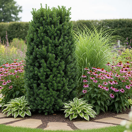 ai sfeerbeeld taxus media hillii in border met hosta, zonnehoed en pijpestrootje siergras