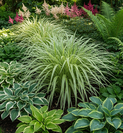 bonte zegge ice dance met hosta (onder), varens (rechts) en pluimspirea (boven) combinaties