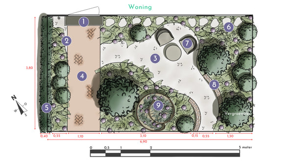 Voortuin Tuinontwerp Linda - Ronde vormen en natuurlijke stijl