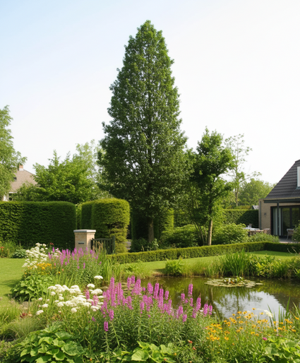 volgroeide Alnus glutinosa 'Pyramidalis' zuilboom (midden op de foto) bij vijver