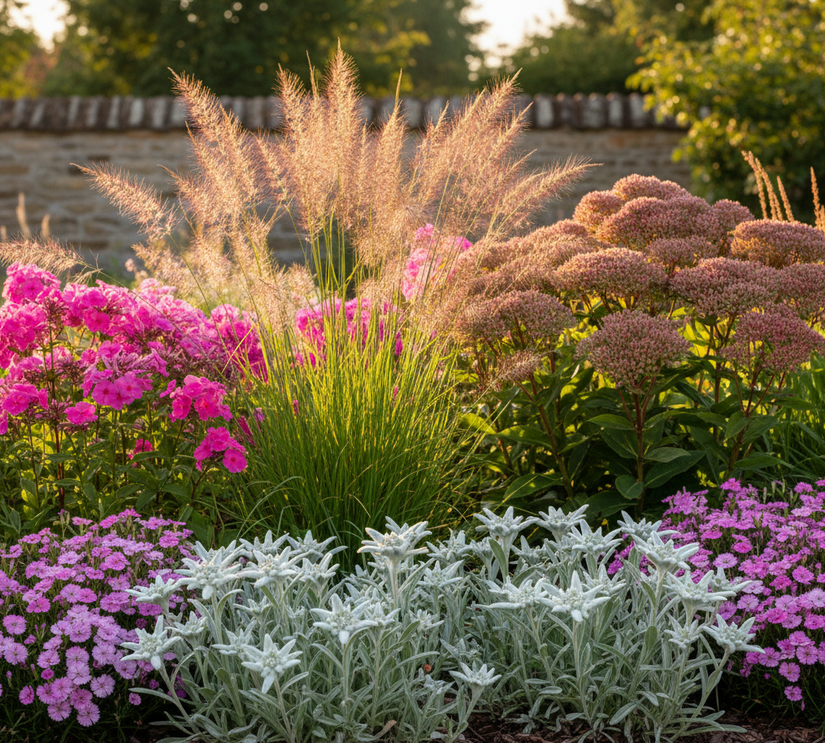 Alpen-edelweiss Leontopodium alpinum met stipa, vlambloem, sedum herbstfreude en dianthus