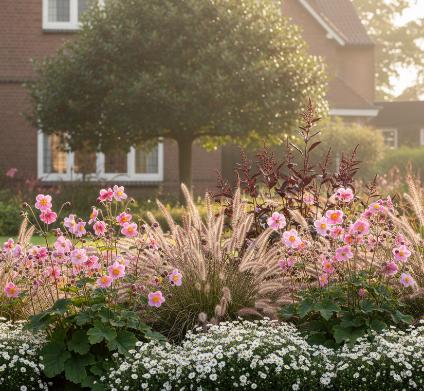 Anemone hupehensis 'Praecox' met herfaster schneekissen aan de rand , pennisetum hameln en zilverkaars brunette achteraan