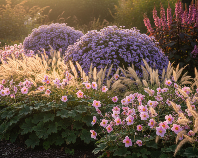 Anemone x hybrida 'Serenade' in border met pennisetum hameln, herfstaster anton kippenberg en zilverkaars brunette (rechtsboven) in speelse groepjes