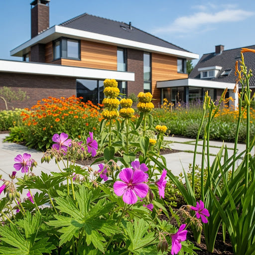 ai sfeerbeeld van geranium max frei met passende combinaties met brandkruid en daglelies