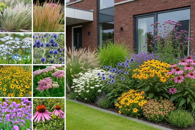 Beetpaket Trocken – Kompletter Präriegarten – Ziergras und Stauden – Lila, Rosa, Weiß und Gelb – Halbschatten und Sonne