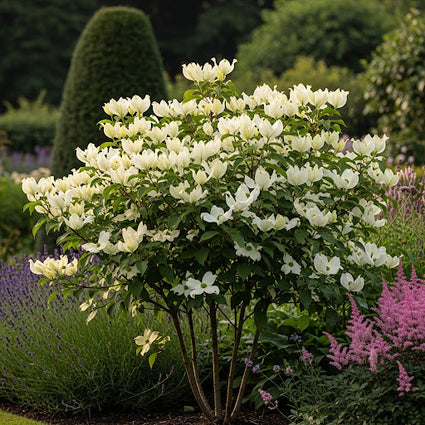 Cornus kousa 'Schmetterling' met astilbe en lavendel gecombineerd - ai foto