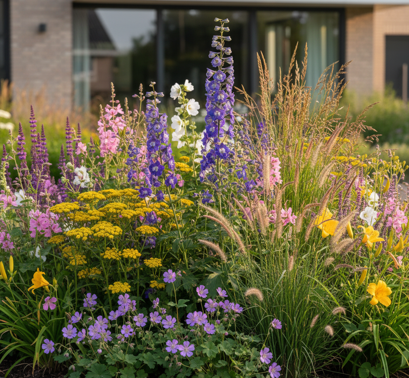Delphinium 'Blue Bird' combineren met: Duizenblad 'Achillea'

Ooievaarsbek 'Geranium'

Daglelie 'Hemerocallis'

Kaasjeskruid 'Malva'

Prachtkaars 'Gaura'

Salie 'Salvia'

met allerlei siergrassen zoals Lamepoetsersgras 'Pennisetum' en Pijpestrootje 'Molinia' 