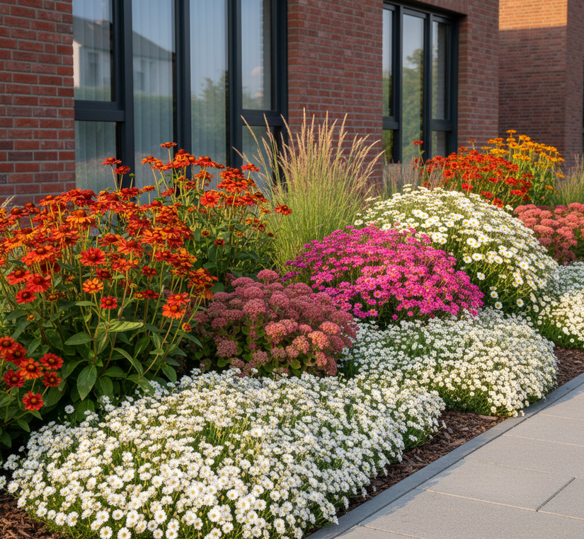 Engels gras (wit) Armeria alba randbeplanting in border met zonnekruid helenium moerheim beauty en Vetkruid 'Sedum'
Zeepkruid 'Saponaria'
 siergrassen en
Fijnstraal 'Erigeron'