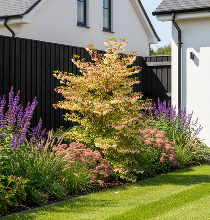 Enkianthus campanulatus in vaste planten border met sedum en salie caradonna. 