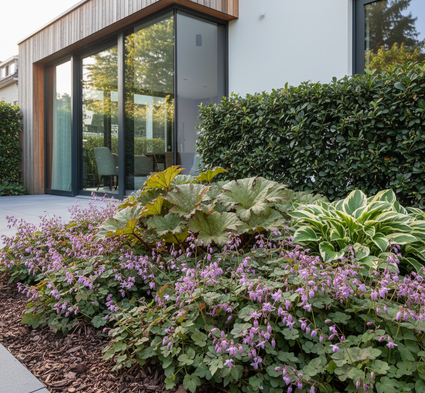 Epimedium grandiflorum 'Lilafee' met hosta's en rodgersia's voor hedera haag.