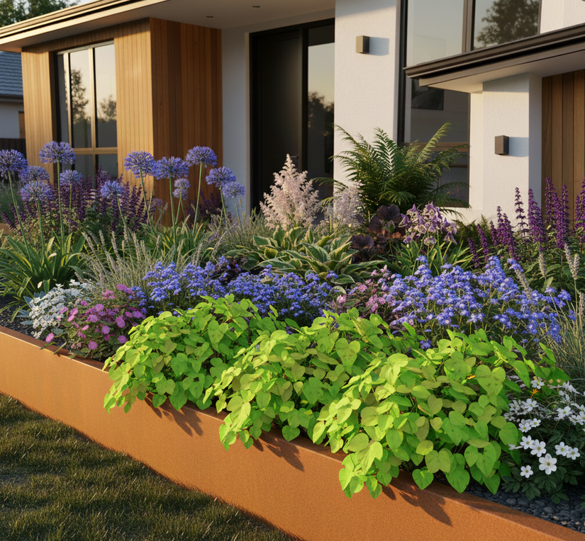 elfenbloem combinatie met brunnera, varens, hosta's en astilbe's