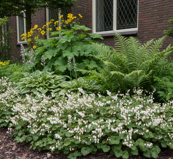 Witte Elfenbloem Epimedium x youngianum 'Niveum' met varens, hosta's en helemaal achteraan rodgersia's in schaduwborder
