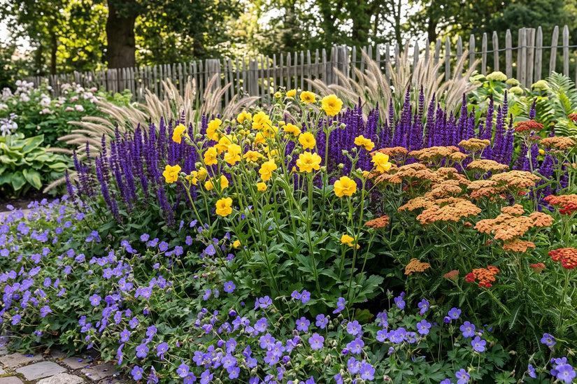 combinatie geum geel met duizendblad, salie en geranium + lampenpoetsersgras