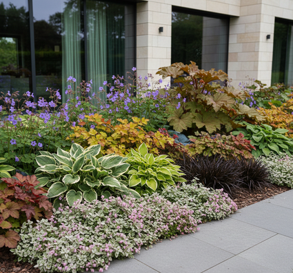 Gevlekte dovenetel Lamium maculatum 'Roseum' in border met Hartlelie 'Hosta'

Ooievaarsbek 'Tuingeraniums'

Purperklokje 'Heuchera'

Zegge 'Carex' of Zwart gras 'Ophiopogon' siergrassen

Schout-bij-nacht 'Rodgersia'