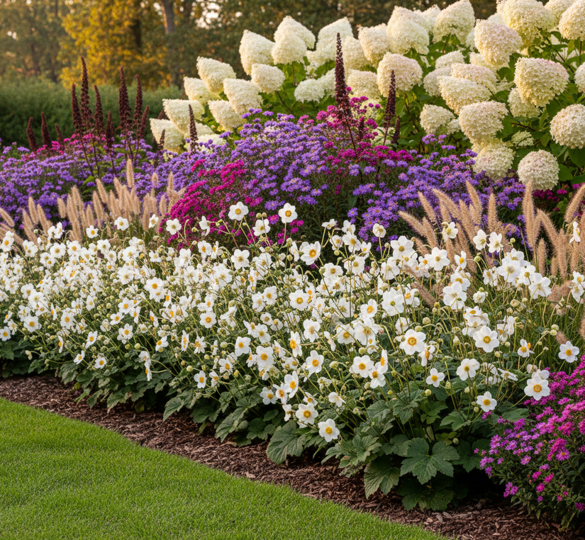 White Japanese anemones flowering in an autumn garden