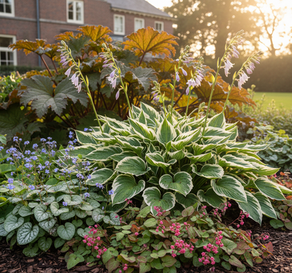 Hosta 'Undulata Albomarginata' met Elfenbloem rubrum ervoor, Brunnera sea heart ernaast en Rodgersia er achter - maak speelse groepjes per soort