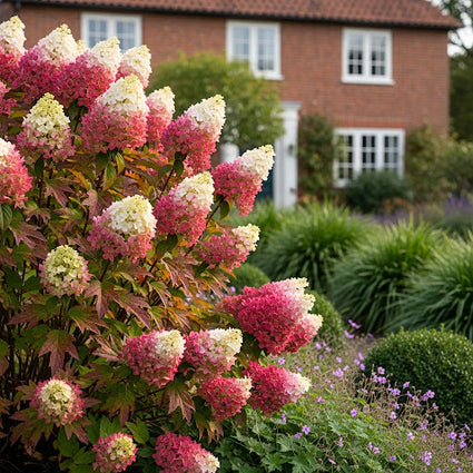 Hydrangea quercifolia 'Ruby Slippers' sfeerimpressie (ai) met bijpassende soorten als zegge en geraniums