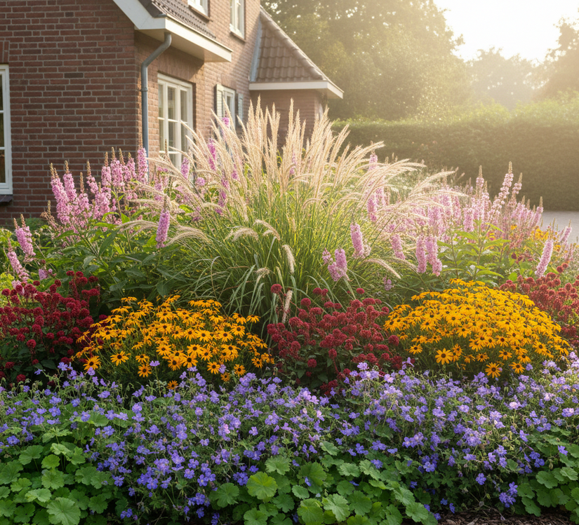Kattenstaart lythrum salicaria blush in border met Prachtriet 'Miscanthus' silberfeder, gele zonnehoed rudbeckia, Duizendknoop 'Persicaria', Geranium rozanne en Vrouwenmantel Alchemilla Mollis aan de rand