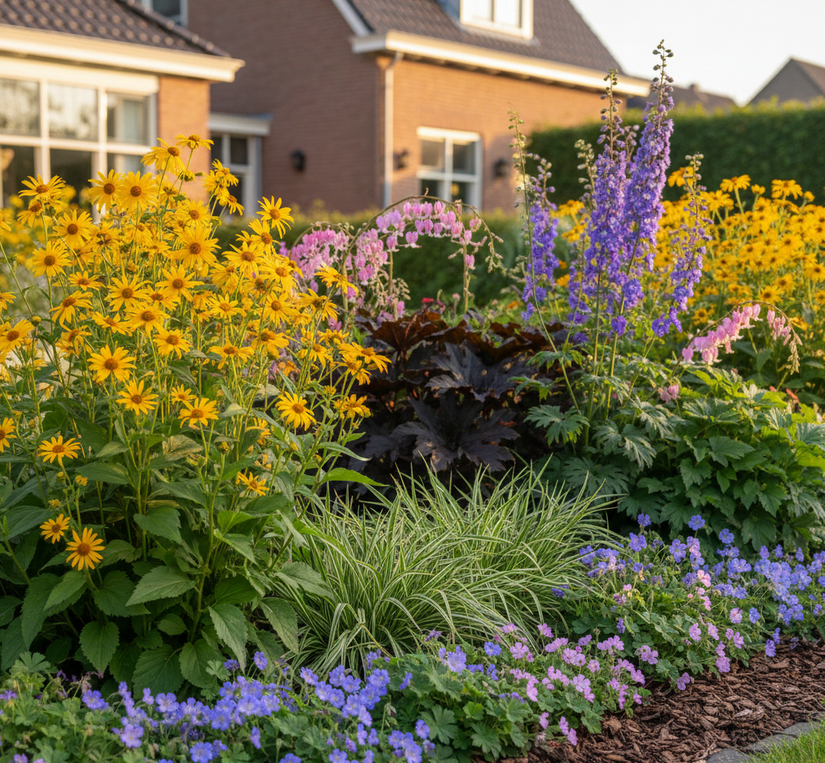 Telekia speciosa met Zegge 'Carex' siergrassen

Kruiskruid 'Ligularia'

Ridderspoor 'Delphinium'

Gebroken Hartje 'Dicentra'

Tuingeraniums 