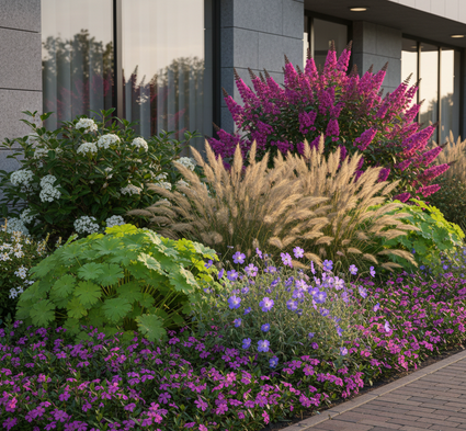 Vinca Minor 'Atropurpurea' randbeplanting met vrouwenmantel, ooievaarsbek rozanne en lampenpoetsersgras Hameln met op achtergrond een viburnum tinus en vlinderstruik buddleja roze