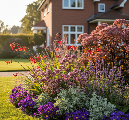 sfeerimpressie ai - origanum herrenhausen met Lavendel intermedia dutch

Vetkruid 'Sedum' matrona

Bergsteentijm 'Calamintha Nepeta'

Vedergras 'Stipa'ponytails

Sleutelbloem 'Primula' wanda

Bergamotplant 'Crocosmia' lucifer 