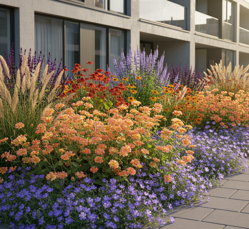 Geum mai tai in border met Zonnekruid 'Helenium'

Ooievaarsbek 'Geranium' (zoals Rozanne)

Salie 'Salvia' (Caradonna of Mainacht)

Dropplant 'Agastache'