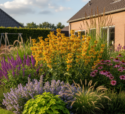 Brandkruid  Phlomis russeliana met Rode Zonnehoed 'Echinacea', Kattenkruid 'Nepeta', Salie 'Salvia', Struisriet 'Calamagrostis' en Vedergras 'Stipa'