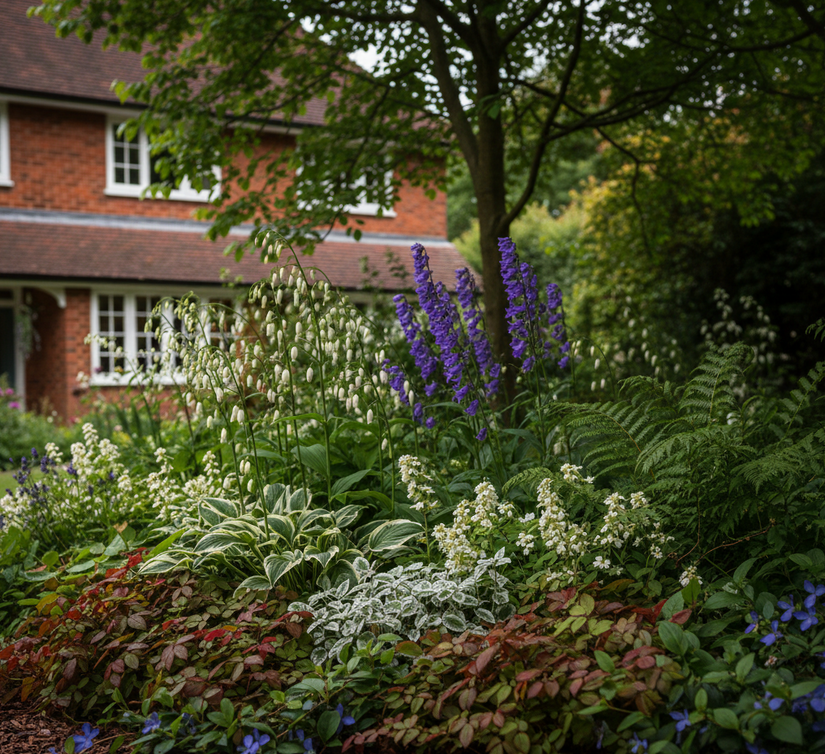 Polygonatum multiflorum met 

Gevlekte Dovenetel 'Lamium'

Varens 'Dryopteris'

Klokjesbloem 'Campanula' latifolia (Breedbladig klokje)

witbonte Hartlelie 'Hosta's'

Maagdenpalm 'Vinca' major

Elfenbloem 'Epimedium' rubrum aan de rand