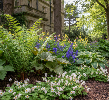 Polystichum setiferum met Schout-bij-nacht 'Rodgersia' er achter

Perzische Muts 'Tiarella'

Bosanemoon

Hartlelie Hosta's geelgroen

Kaukasisch-vergeet-mij-nietje 'Brunnera' (blauw)

Elfenbloem 'Epimedium