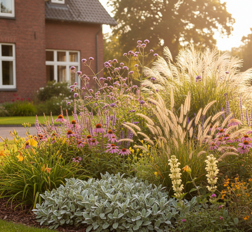 Miscanthus sinensis 'Silberfeder' achteraan met IJzerhard 'Verbena bonariensis' ernaast

Ezelsoor 'Stachys byzantina'  aan de rand

Rode Zonnehoed 'Echinacea' planten,

Dropplant 'Agastache' ernaast 

Brandkruid 'Phlomis' geel

Daglelie 'Hemerocallis' aan de rand

Lampenpoetsersgras 'Pennisetum'