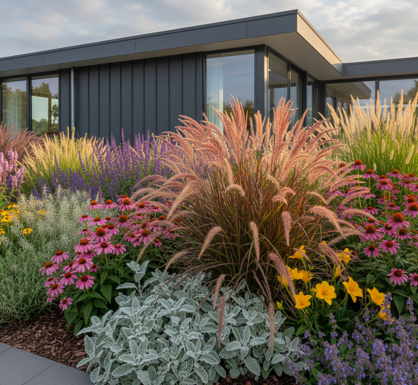 prachtriet ferner osten combinaties met met Ezelsoor 'Stachys byzantina'

Zonnehoed 'Echinacea' planten,

Dropplant 'Agastache' ernaast 

Brandkruid 'Phlomis'

Daglelie 'Hemerocallis'

Lampenpoetsersgras 'Pennisetum'