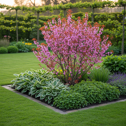 sfeerfoto ai van meerstammige prunus kanzan met oa stachys, daglelie en hosta's