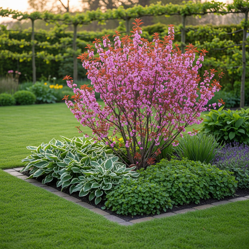 sfeerfoto ai van meerstammige prunus kanzan met oa stachys, daglelie en hosta's 