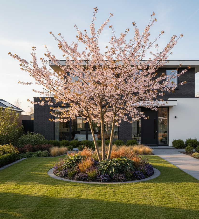 Meerstammig Prunus subhirtella Autumnalis Rosea om voortuin - sfeerbeeld
